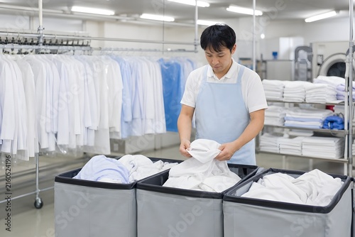 Naklejka クリーニング工場で衣類を仕分けする