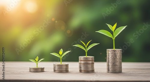 Small plants growing on stacks of coins representing financial growth and investment success in nature