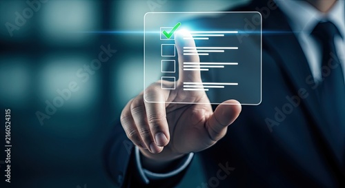 Businessman interacting with a futuristic digital interface showing data analytics and information in a modern corporate environment