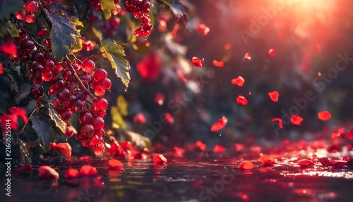 Luxury red currant berry background with floating blossom petals for perfume advertising