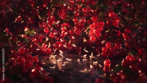 Luxury red currant berry background with floating blossom petals for perfume advertising