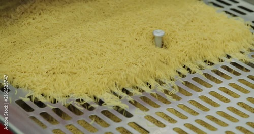 Vibrating screening platform separates small filini pasta through perforated metal surface. Automated food line removes undersized pieces during factory sorting