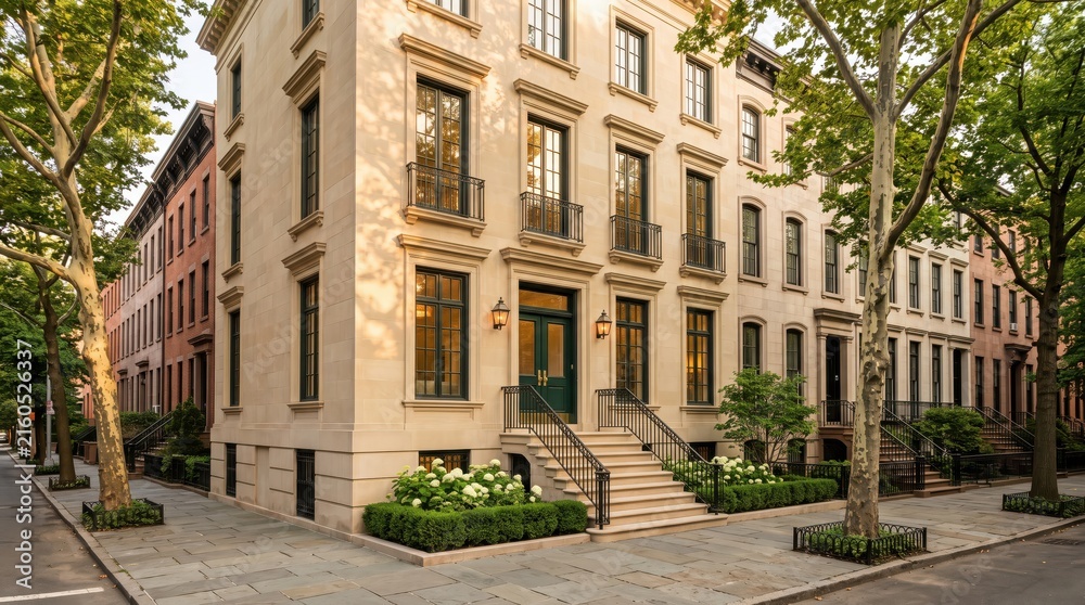 Naklejka premium Limestone corner townhouse with green door and tree lined sidewalks