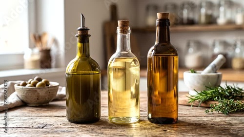 Three glass bottles of different oils or vinegars with cork stoppers and wooden tags wrapped in twine, standing on a rustic wooden table with a bowl of olives and a sprig of rosemary