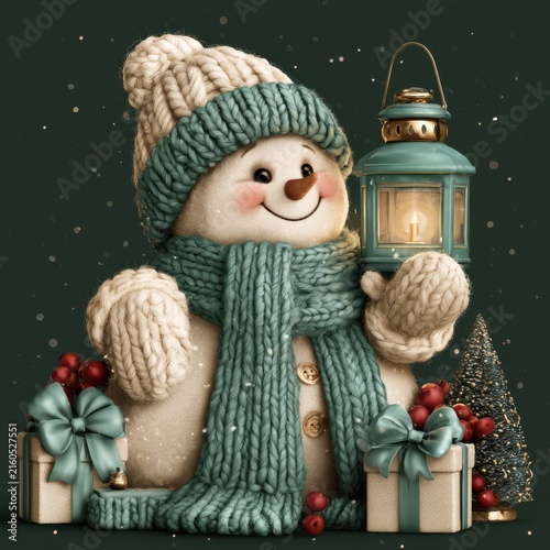 Happy Snowman with Lantern