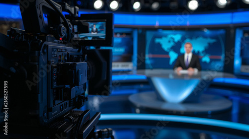 Professional Television News Studio with Video Camera and News Anchor Background