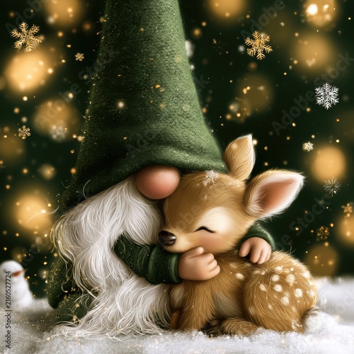 Gnome Embracing Fawn Together