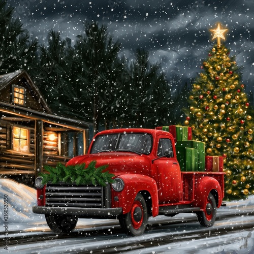 Red Truck with Christmas Tree