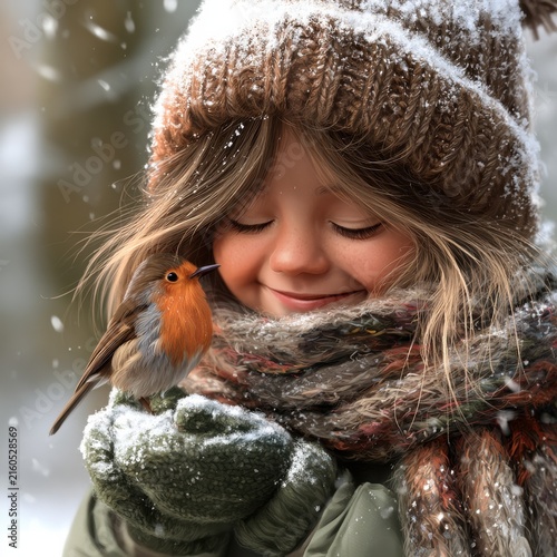 Child with Winter Robin Bird