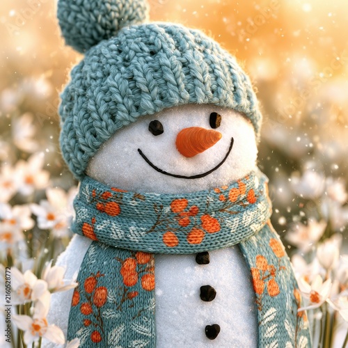 Cheerful Snowman in Spring Bloom