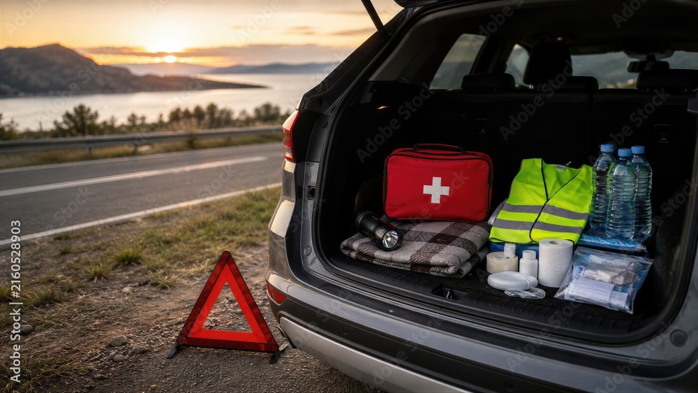 Fototapeta premium Open car trunk beside a roadside emergency triangle with first aid kit and safety supplies. Vehicle preparedness concept for World First Aid Day, travel, breakdown response and roadside safety.
