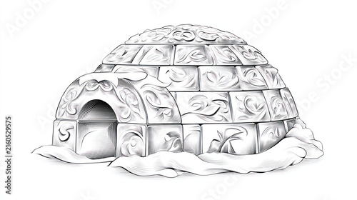 Detailed pencil sketch of an igloo winter shelter on white background
