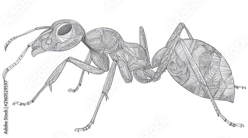 Detailed illustration of an ant in side view against a clean white backdrop