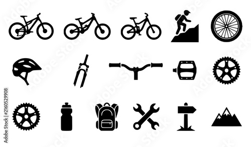 Mountain biking icons set including parts and outdoor equipment silhouettes