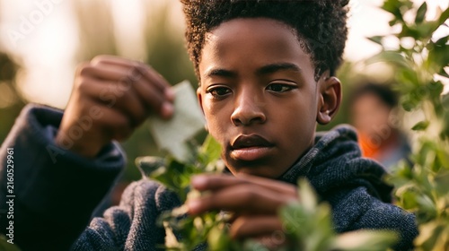 Boy tending plants at home