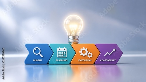 Business process flow with lightbulb showing insight planning execution and adaptability steps