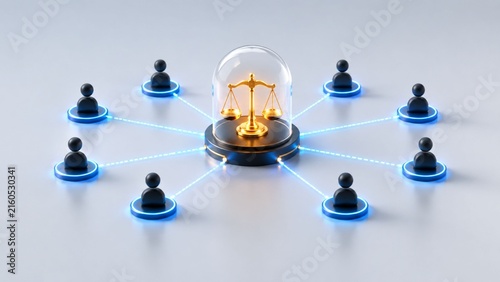 Golden justice scale in glass dome connected to a network of people silhouettes, legal protection.
