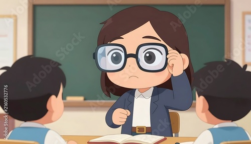 Illustration of a teacher wearing large glasses, attentive, explaining lesson to students in classroom