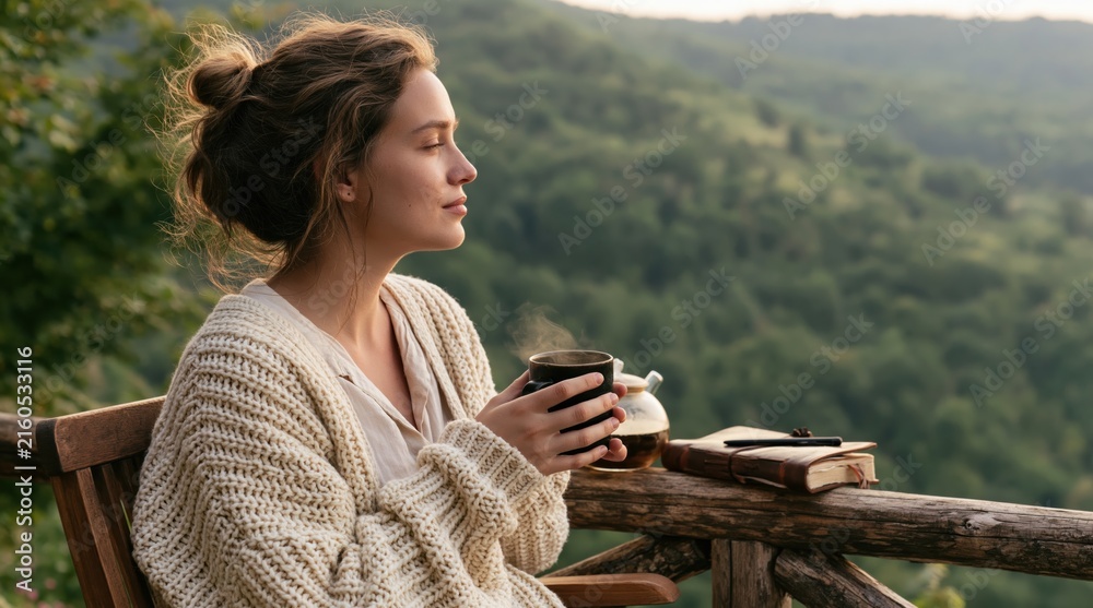 Fototapeta premium Woman in cozy sweater relaxing with coffee on a balcony with a mountain view