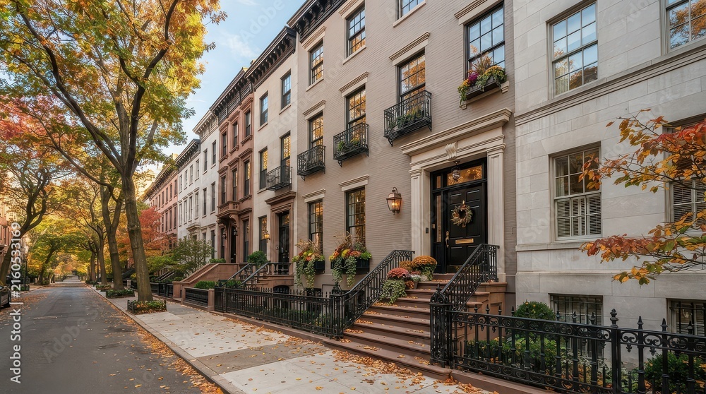 Fototapeta premium Autumn townhouse row with black doors and sidewalk trees