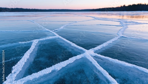 Ice texture on a frozen lake with winter cracks and nature patterns in cold water