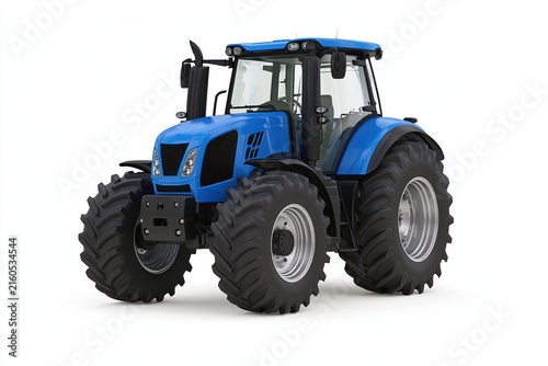Tractor and blue agricultural machinery for heavy farm work and farming equipment