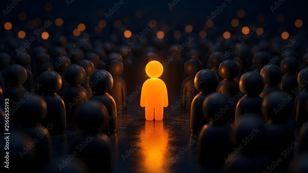 Obraz premium Glowing orange human figure standing out from a crowd of dark figures representing unique talent, leadership, and recruitment success