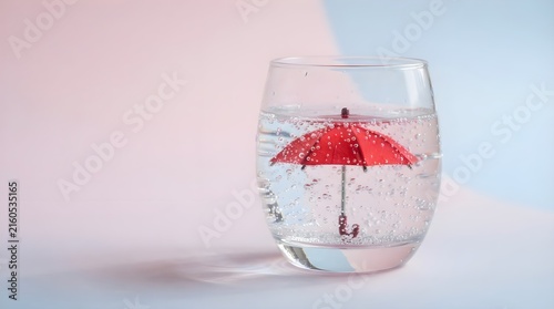 Miniature Red Umbrella Submerged in Glass of Sparkling Water with Bubbles