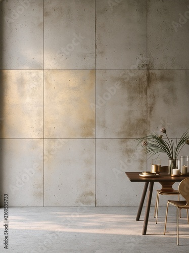 Minimalist concrete panel wall behind a dining table with brass accents
