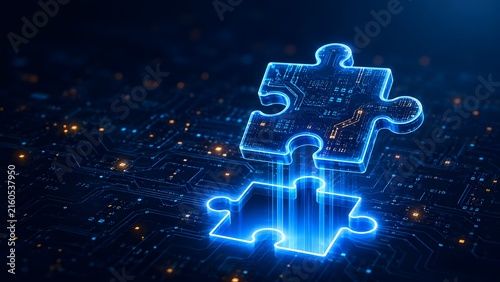 Concept of digital integration showing a glowing blue technology puzzle piece fitting into a futuristic circuit board