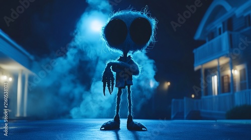 Bizarre, furry creature stands under a street light at night