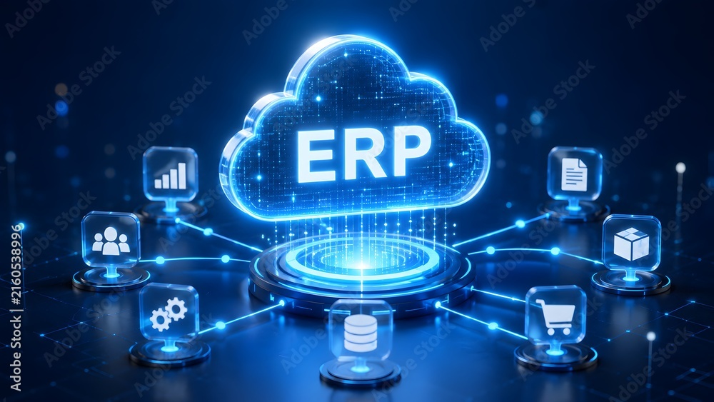© Elite Studio - Glowing cloud shape with ERP text surrounded by business icons. Concept of enterprise resource planning and cloud integration. © Elite Studio - Glowing cloud shape with ERP text surrounded by business icons. Concept of enterprise resource planning and cloud integration.