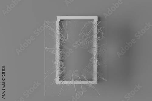 3d Rendering of a broken glass with radial crack above white window frame