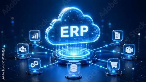 Glowing cloud shape with ERP text surrounded by business icons. Concept of enterprise resource planning and cloud integration.