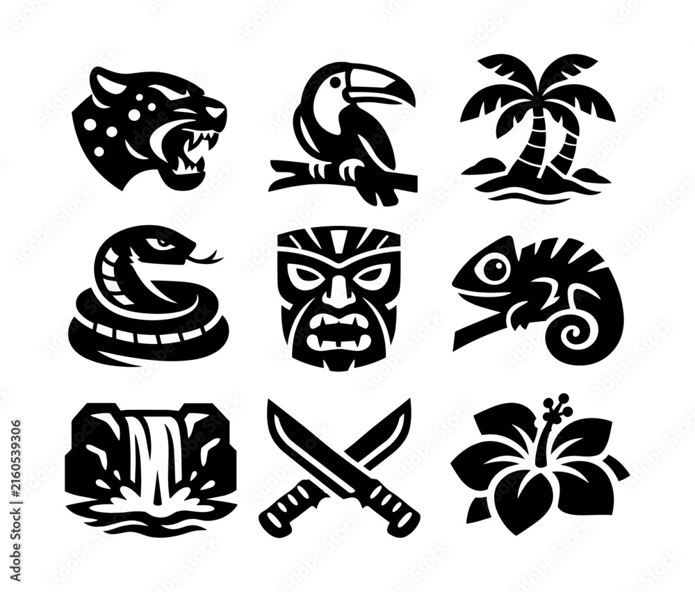 Naklejka premium Jungle icons set with jaguar, toucan, snake, tiki mask, and tropical elements