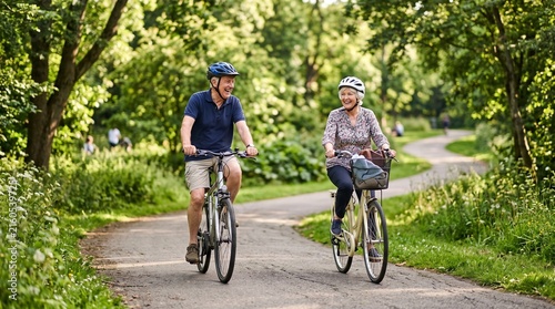Happy couple enjoying scenic bike ride through lush green countryside path