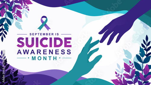 Suicide Prevention Awareness Month vector background featuring reaching hands concept, awareness ribbon emblem, and vibrant leafy foliage frame.