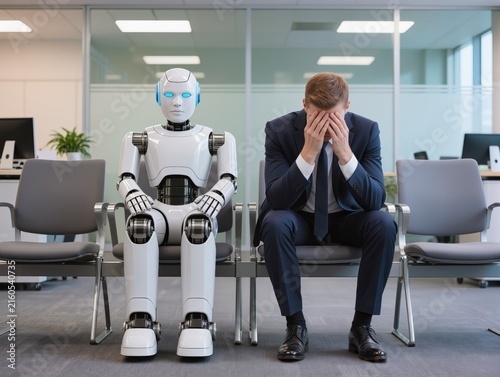 A humanoid robot sits beside a distressed businessman in an office waiting area, creating contrast.