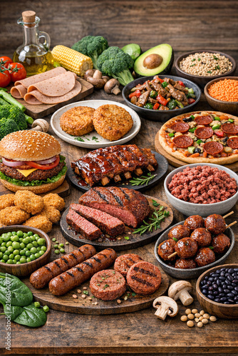 A buffet table with a variety of food options, featuring different meats and vegetables. Perfect for parties or gatherings.
