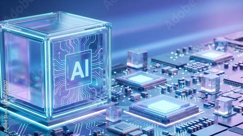 Futuristic AI Processor on Circuit Board with Glowing Blue Lights and Quantum Computing Cube
