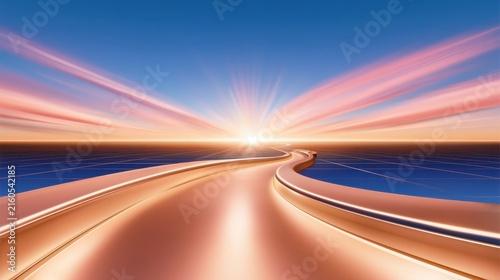 Glowing golden path leading to radiant horizon on grid background