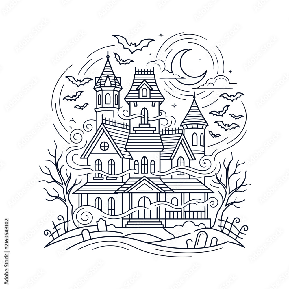 Fototapeta premium Haunted Mansion Outline Illustration with Bats and Moon