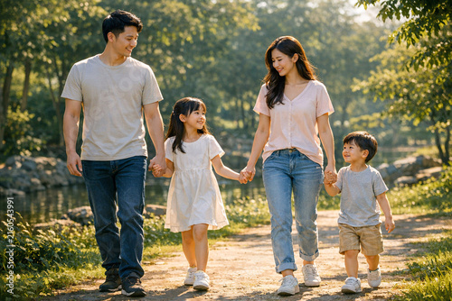 A family enjoys a day at the park, holding hands and smiling together.
