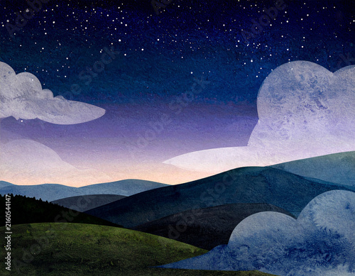 深い紫紺の夜空と星々を描いた水彩画タッチの山岳風景