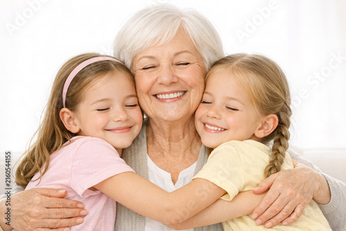 An older woman shares a warm and loving hug with her two grandchildren.