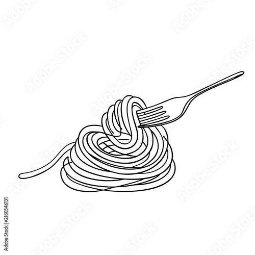 noodle with fork for web banner and food delivery service in simple linear style. Editable stroke.