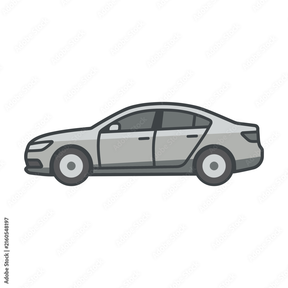 Naklejka premium Grey sedan car side view flat illustration.