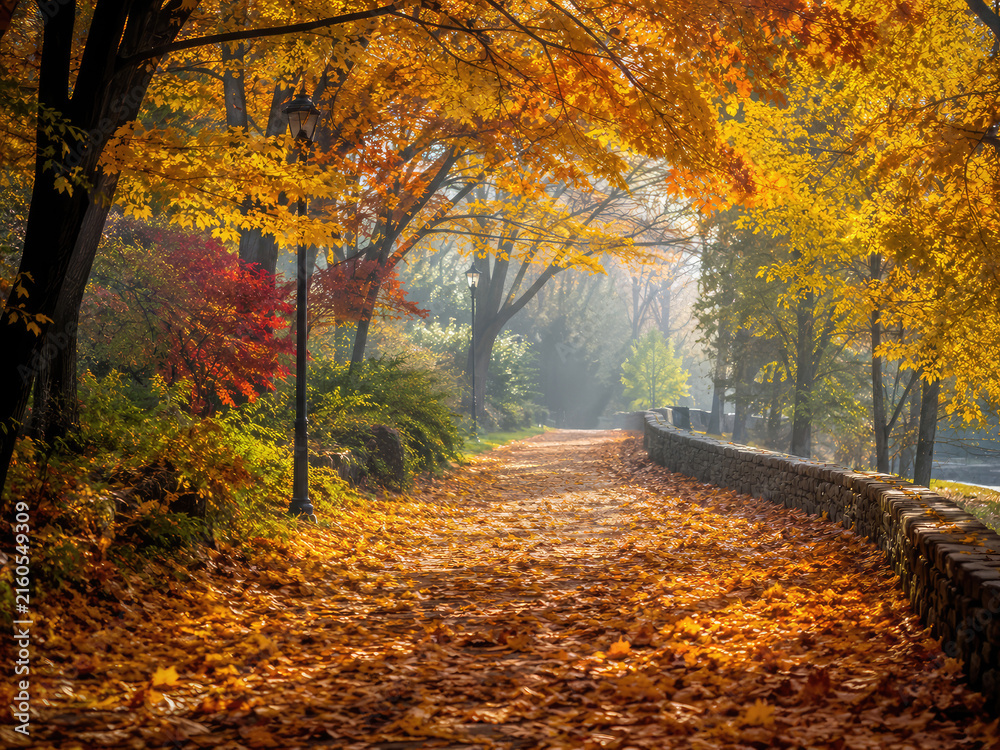 Fototapeta premium Golden Autumn Park Path with Fallen Leaves and Sunlight