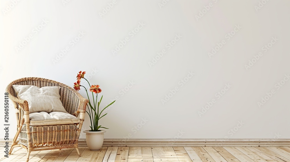 Obraz premium A bright minimalist living space with a wicker chair and potted plants resting against a plain white wall