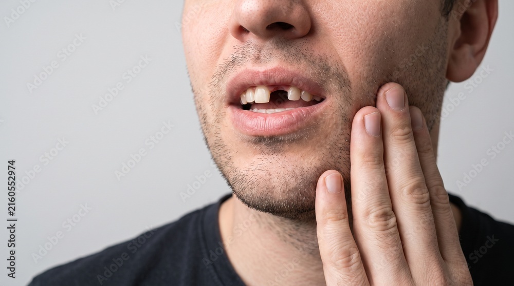 Fototapeta premium Man Experiencing Severe Toothache Pain Due To A Missing Front Tooth Dental Problem